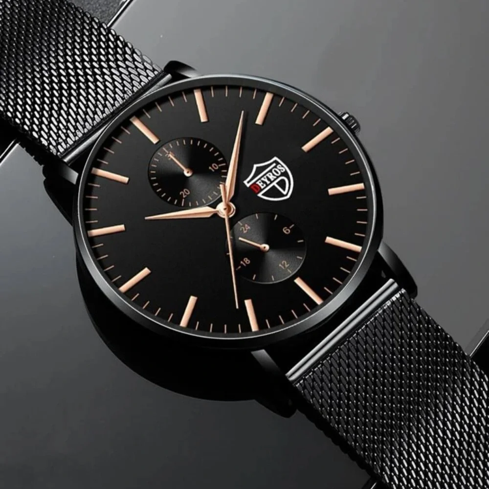 New Stainless Steel Analog Quartz Black Rose Gold Business Casual Mens Watch